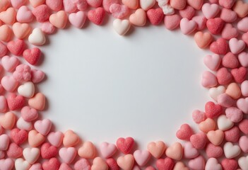 Fototapeta premium Frame of white and pink heart-shaped candies with an empty white center, top view