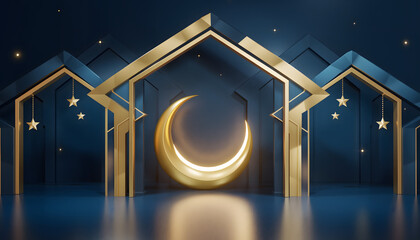 Crescent Moon Display, glowing gold in dark blue mosque arch background, perfect for Ramadan Kareem greetings, Eid al-Fitr celebrations, spiritual product promotion, and cultural event backgrounds