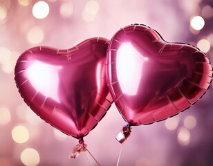 two pink heart shaped balloons floating in the air