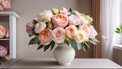 a bouquet of pastel roses and peonies in a white vase on a neutral background an elegant and fresh backdrop for invitations greeting cards decor and floristry