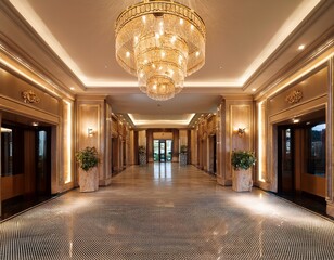 a beautiful entrance to a luxury hotel with a gleaming chandelier