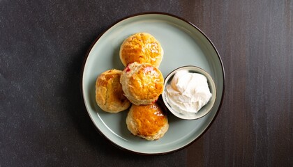 top down view of golden scones with clotted cream