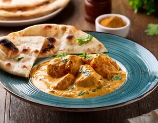 creamy butter chicken dish with naan and spices
