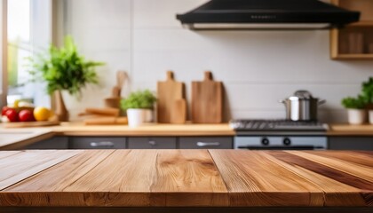 wooden table in front of a kitchen with a blurred background