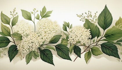 elegant botanical border with elder leaves and flowers