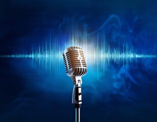 moody watercolor microphone on deep blue background with digital sound waves studio ambiance and evening light editorial concept