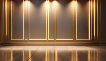 golden spotlights on minimalist colonial wall polished concrete flooring glowing edge details clean design