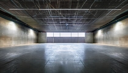 a high definition image of a modern concrete garage interior with a mock up space and blurry walls featuring clean and shiny surfaces with a symmetrical grid line texture