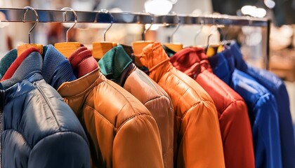 row of jackets hanging on a rack in a clothing store