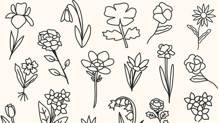 Set hand drawn curly grass and flowers