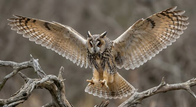 Long eared owl (Asio otus) in flight on isolated background, beautiful details