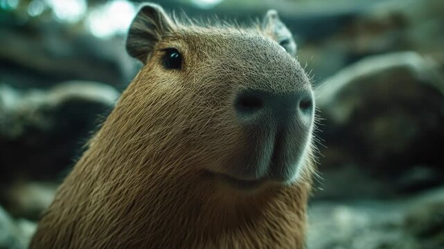 Portrait of a capybara with dark eyes and whiskers, showing a calm expression.