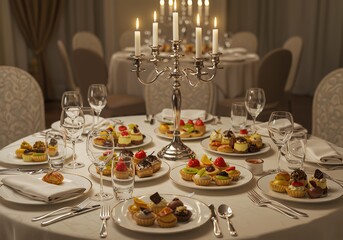 Fototapeta premium Elegant Banquet Table Set with Gilded Candelabra and Assorted Pastries