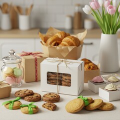 Assorted Baked Goods Displayed in Gift Boxes and Vases