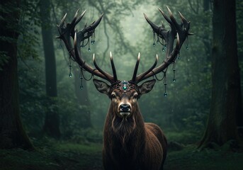 Majestic Stag with Gem Adorned Antlers in Misty Forest