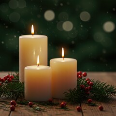 Three Lit Candles with Pine and Berries on Wooden Surface