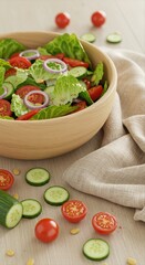 Fresh Garden Salad in Wooden Bowl with Scattered Veggies