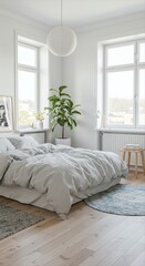 Serene Scandinavian Bedroom with Light Wood Floors and Fiddle Leaf Fig