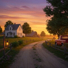 Rustic Farmhouse at Sunset with Vintage Truck and Wooden Fence