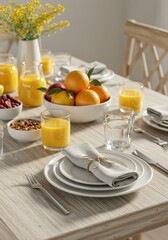 Rustic Breakfast Table Set with Fresh Fruit and Orange Juice