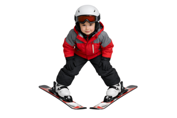 Child skier front view isolated. Winter sports lifestyle. Kids activity designs. Seasonal projects.
