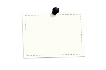 Blank white paper note pinned with a black thumbtack, creating a reminder on a transparent background