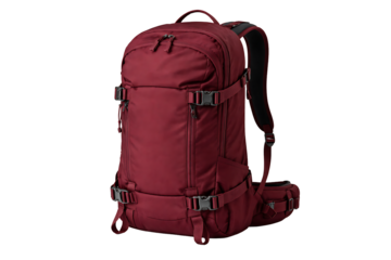 Burgundy backpack isolated. Outdoor adventure gear. Winter travel designs. Seasonal visuals.