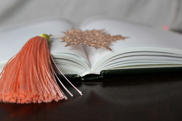 Open Planner with Decorative Leaf Bookmark and Tassel