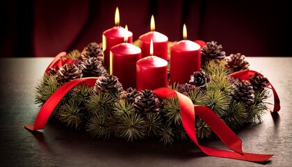 Red Advent Wreath With Lit Candles Pinecones And Red Ribbons