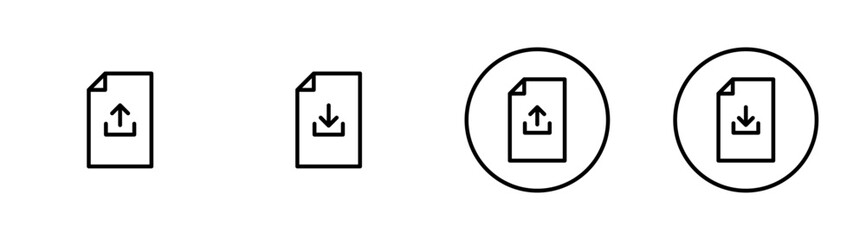 Outline file upload and download icon set, Document transfer symbol, Cloud storage UI element, Data import export graphic, Line art vector collection