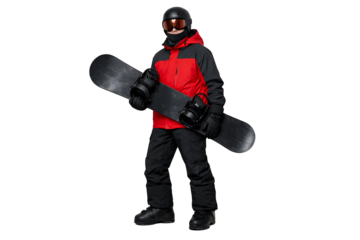 Male snowboarder holding board isolated. Winter sports apparel. Outdoor fashion visuals. Seasonal projects.