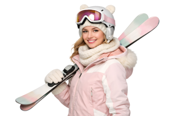 Female skier portrait isolated. Winter sports apparel. Outdoor fashion designs. Seasonal visuals.