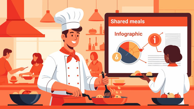 Chef Preparing Food in a Kitchen with Infographic Display.