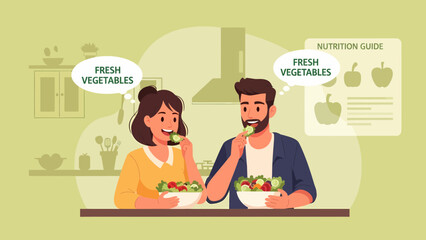 Fototapeta premium Couple Enjoying Fresh Vegetables in a Bright Kitchen Setting.
