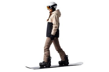 Side view snowboarder isolated. Winter sports movement. Outdoor activity visuals. Seasonal projects.