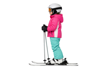 Girl skiing in pink outfit. Winter sports designs. Kids activity visuals. Seasonal projects.