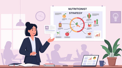 Nutritionist presenting strategy to group focusing on healthy eating and lifestyle.