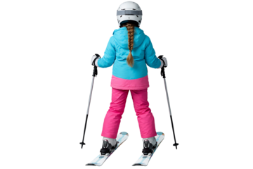 Child skier from back view isolated. Winter sports training. Kids activity designs. Seasonal projects.