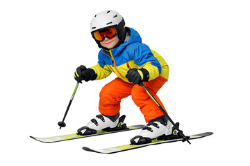 Child skiing wearing helmet and goggles. Winter sports safety. Kids activity designs. Seasonal projects.