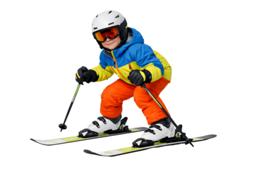 Child skiing wearing helmet and goggles. Winter sports safety. Kids activity designs. Seasonal projects.
