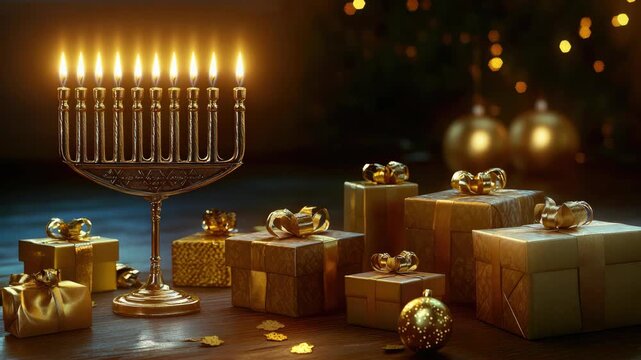 Hanukkah holiday celebration with colorful gift boxes and lit candles arranged on table.