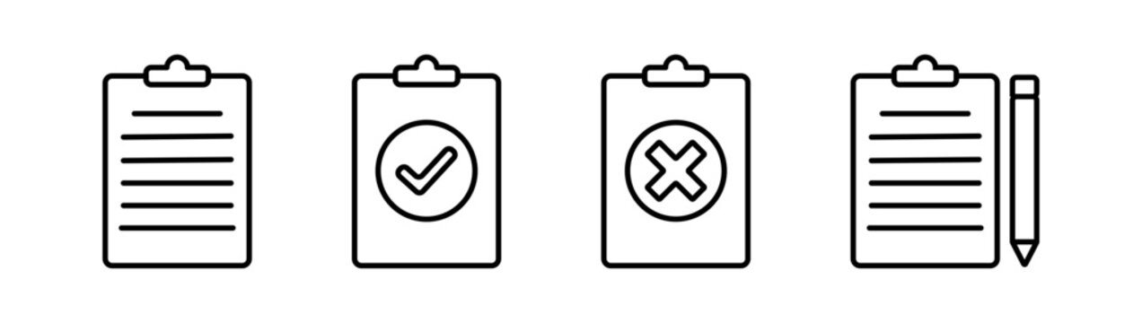 Outline clipboard icon set with checkmark and cross, Checklist Report Symbol, Task Management UI Element, Document Edit Graphic, Line Art Vector Collection