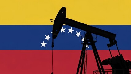 Silhouette of an oil pump working against the background of the Venezuela flag.