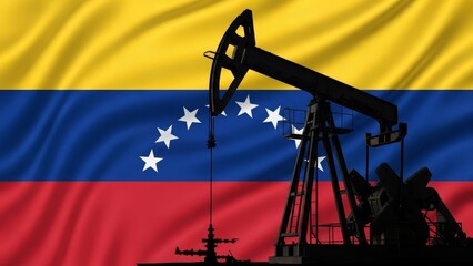 Symbol of fossil fuel production featuring a pump jack and Venezuelan flag.