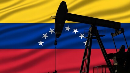 Crude oil extraction business in South America illustrated by a pump jack and Venezuelan flag.