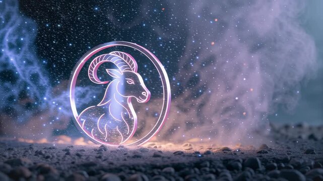 Capricorn zodiac Glowing Capricorn Zodiac Symbol Surrounded by Mystical Smoke and Stars Creates Magical Atmosphere in Starry Night Scene