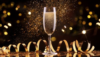 Champagne Coupe Glass With Sparkling Liquid Amid Gold Glitter Streamers For New Year S Eve Party Invitation Packaging Editorial Commercial Use