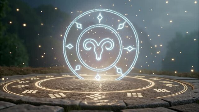 Capricorn zodiac Glowing Aries Zodiac Symbol with Mystical Lights and Patterns on Stone Platform in Foggy Forest Setting