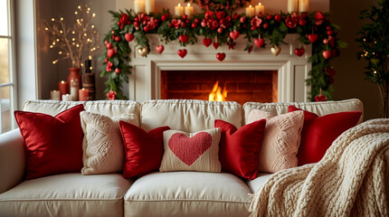 Romantic Valentine living room interior with heart pillows and fireplace, cozy festive home decor, warm candlelight atmosphere, elegant seasonal background for holiday design