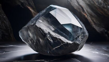 Large Rough Diamond Encased In Dark Gray Marble With Intricate Textures And Reflective Surfaces